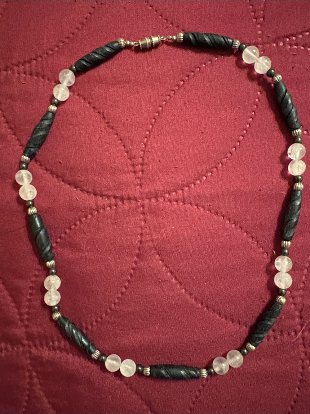 18” Handcrafted Black Stone & Rose Quartz Beaded Necklace